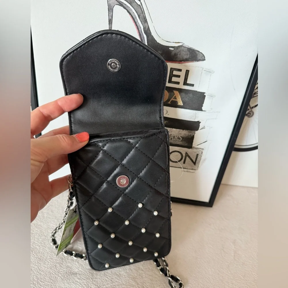 Quilted Pearl-Trim Black Crossbody Phone Bag - Unbranded - Picture 10 of 16